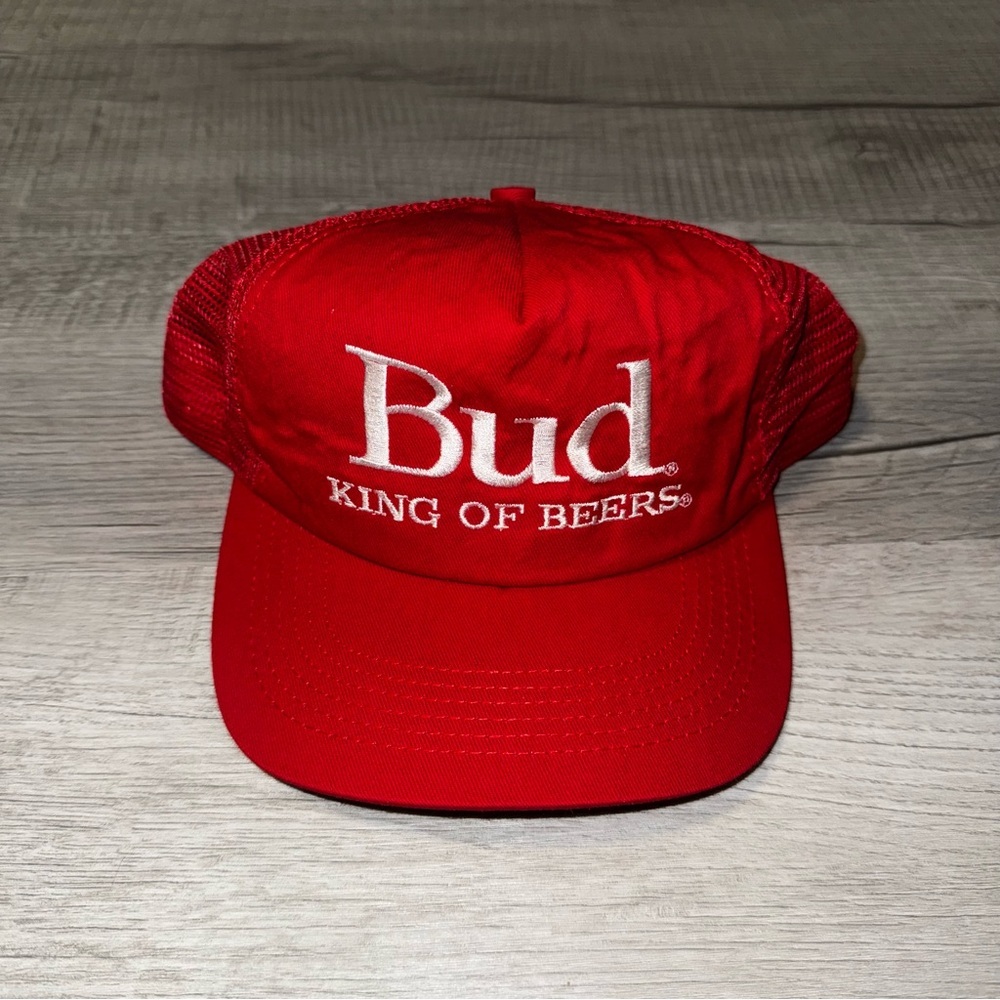 Vtg 80s BUDWEISER BUD KING OF BEERS SNAPBACK HAT CAP RED USA Made Embroidered